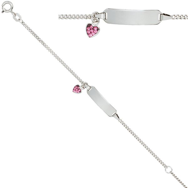 Schildband Herz 925 Silber mit rosa Glasstein 14 cm Gravur ID Armband