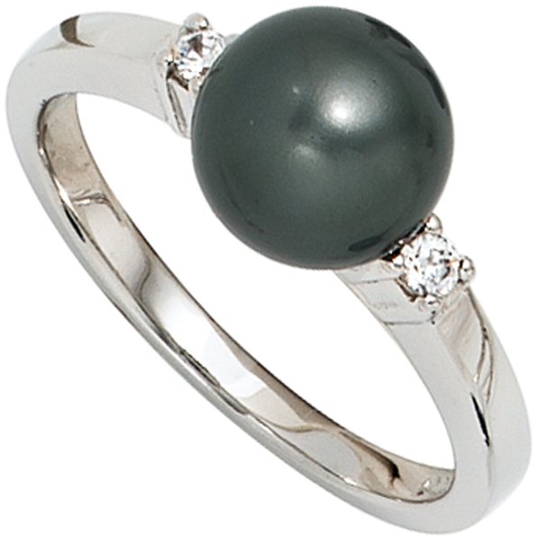 Damen Ring 925 Sterling Silber rhodiniert 2 Zirkonia Perlenring Silberring